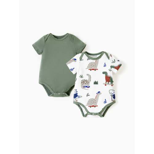 Bamboo Baby Boy/Girl 2-Pack Solid&Printed Rompers Set Green