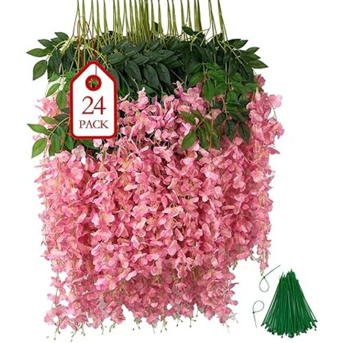 BIRDDIE 24Pcs of Artificial Wisteria Hanging Flowers, 3.75 Feet Fake Wisteria Flower Strings for Backdrop, Wedding, Ceremony,Garden and Home Wall Decoration (Pink)