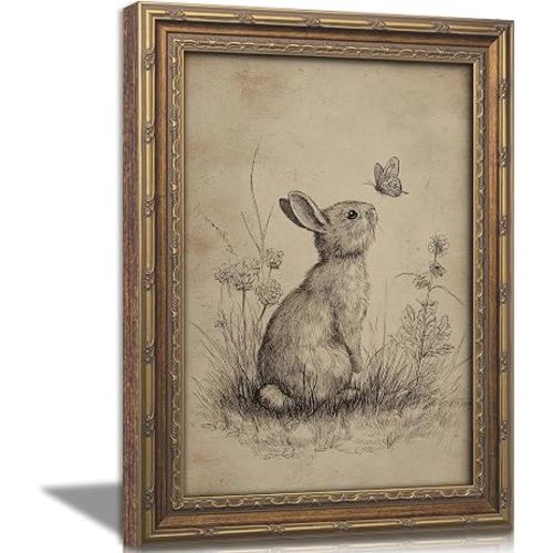 Vintage Gold Framed Bunny Easter Wall Art Rabbit and Butterfly Painting Canvas Prints Country Botanical Wildflowers Sketch Picture Rustic Farmhouse Poster Artwork for Living Room Bedroom Bathroom