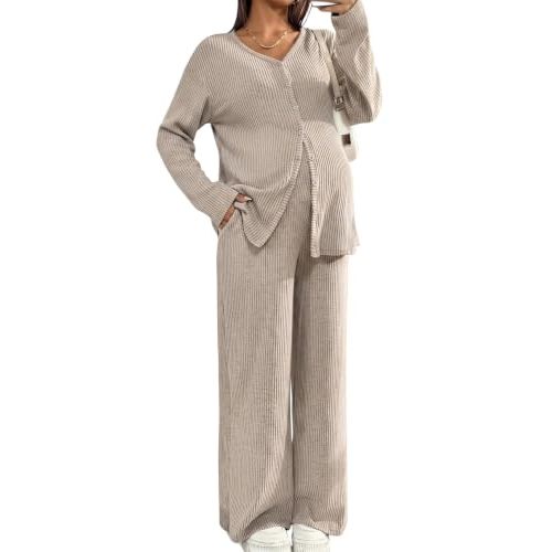 BLENCOT Maternity Lounge Set 2 Piece Long Sleeve Top and Pants with Pockets | Winter Fall Postpartum Outfits for Women V Neck Button Cardigan Maternity Sets Nursing Pajamas Pregnancy Clothes