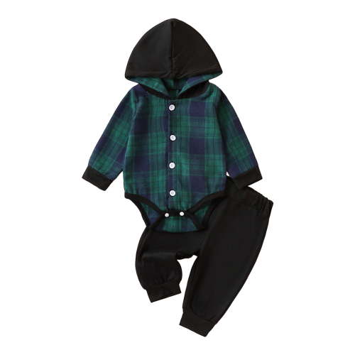 Curenmufel Baby Boy Outfits with Hat Infant Baby Fall Clothes Boy Girl Plaid Hoodie Sweatshirt Romper Flannel Tops+ Sweatpants Festival Outfits 0 3 6 9 12 18 24 Months (Dark Green,3-6 Months)