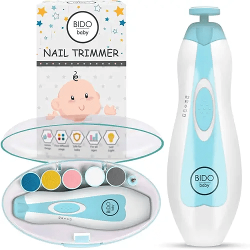 BİDO Baby Nail Trimmer File Electric-Safe Baby Nail Clippers,Manicure Kit for Newborn Toddler and Kids,12 Grinding Heads and LED Light, Pink or Blue (Blue)