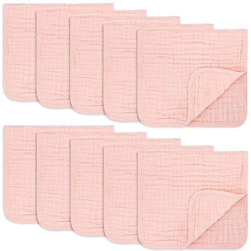 Muslin Burp Cloths 10 Pack Large 100% Cotton Hand Washcloths 6 Layers Extra Absorbent and Soft (Pink, Pack of 10)