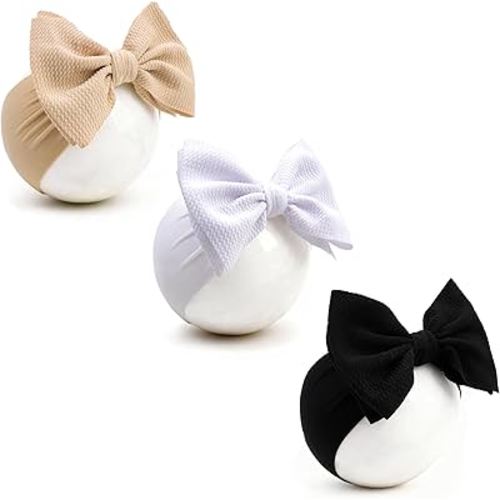 Baby Headbands 3 Pcs Stretchy Nylon Headbands with Bows for Baby Girl Bows Hair Accessories for Newborns, Infants, Toddlers