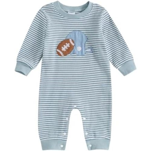 Karuedoo Newborn Baby Boy Girl Football Outfit Rugby Embroidery Stripe Romper Waffle Knit Long Sleeve Jumpsuit Fall Clothes