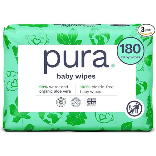 Pura Natural Sensitive Baby Wipes, 99% Water, Unscented & Hypoallergenic, Suitable for Sensitive & Eczema-prone Skin, Fragrance Free & Hypoallergenic, EWG Verified, 3 x 60 per pack (180 Wipes)