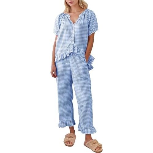 Womens Gingham Pajama Set 2 Piece Plaid Cotton Pjs Cute Ruffle Sleepwear Maternity Bridesmaid Pajamas Loungewear