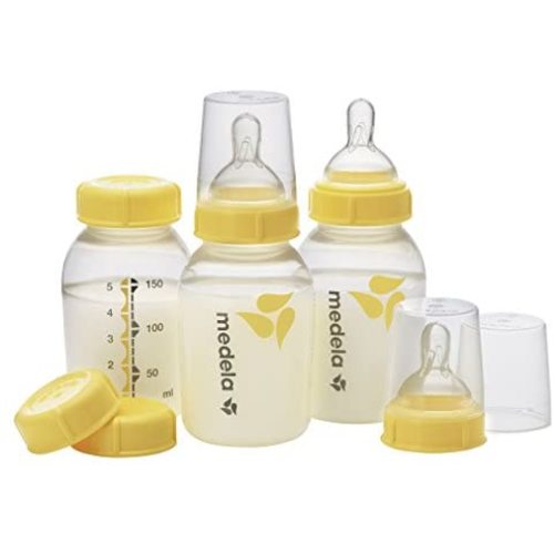 Medela Breast Milk Storage Bottles, 3 Pack of 5 Ounce Breastfeeding Bottles with Slow Flow Nipples, Lids, Wide Base Collars, and Travel Caps, Made Without BPA