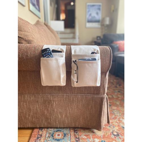 Linen & Canvas Remote Control Caddy. Double Pockets Sofa Caddy.  Extra Long Armrest Organizer in Narrow or Wide.