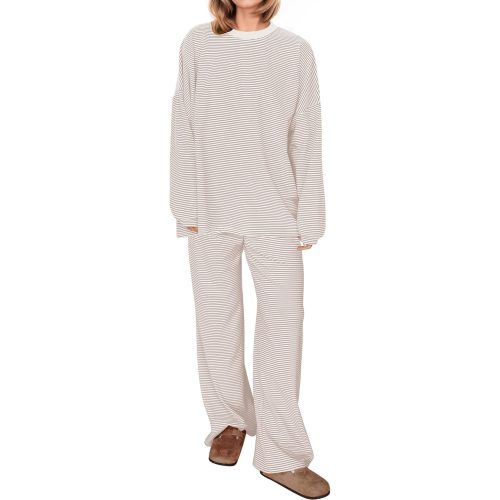 OLAPTA Women Striped 2 Piece Lounge Sets Oversized Tee Tops Wide Leg Pants Matching Outfits Fall Loungewear Pajama Sets