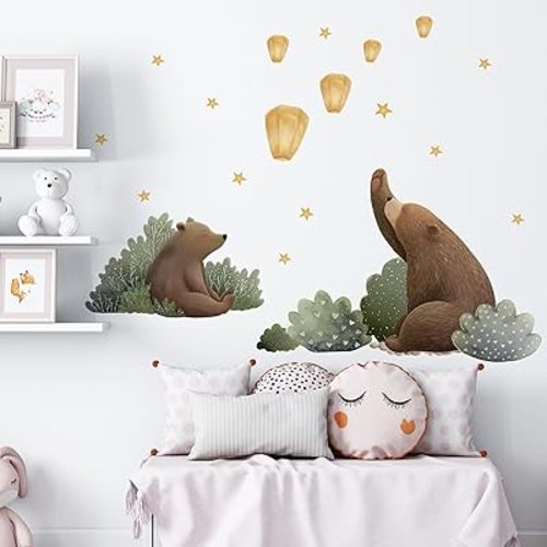 Animal Bear Moon Stars Wall Decal,Removable Cute Animal Bear Wall Sticker for Nursery Kid Baby Bedroom Living Room Playing Room Murals