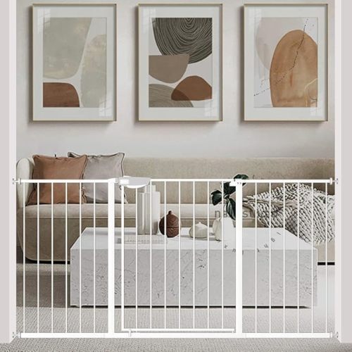 WAOWAO Triple Lock Baby Gate Extra Wide 57.87-62.59" Pressure Mounted Walk Through Swing Auto Close Safety White Metal Dog Pet Puppy Cat for Stairs,Doorways,Kitchen