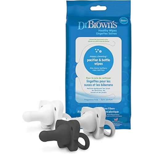 Dr. Brown's HappyPaci 100% Silicone Pacifier 0-6m, BPA Free, Black, Cool Gray, White, 3 Pack and Pacifier and Bottle Wipes, 40 Count