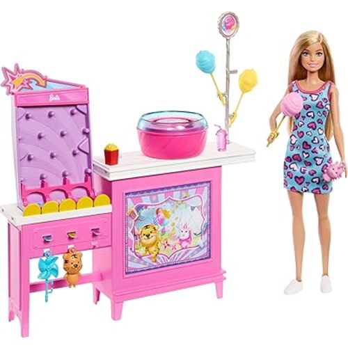 Barbie Mysteries: Beach Detectives Malibu” Doll & Cotton Candy Game Booth Playset with 20 Accessories Including Prizes