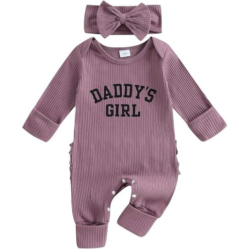 Newborn Baby Girls Rompers Knit Round Neck Long Sleeve Infant Fall Jumpsuits with Headband Coming Home Outfit (Light Purple, Newborn)