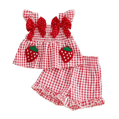 Sprifallbaby Toddler Baby Girl Summer Clothes Cute Plaid Bows Strawberry Outfit Summer Ruffle Tank Tops Shorts Set 6M-3T