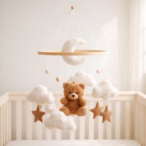 Baby Mobile: Teddy Bear, Clouds Nursery Decor, Neutral Felt Crib Mobile for Baby Shower Gift; Handmade Hanging Toy for Girl or Boy.