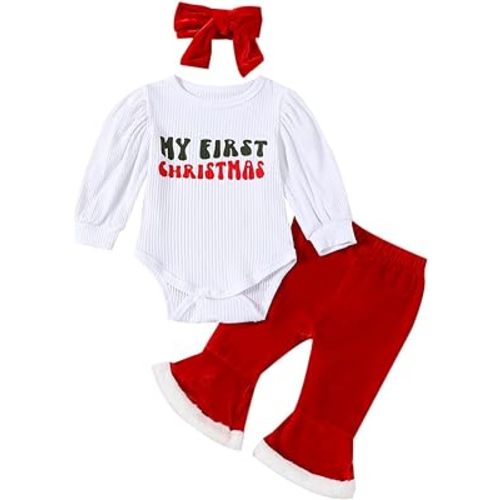 Baby Girl My 1st Christmas Outfits Letter Long Sleeve Romper Tops+Bell Bottom Pants+Headband 3 Pcs Clothes Set