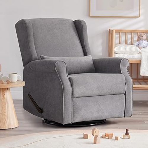 Eiayeebil Nursery Glider Chairs, 360° Swivel Rocking Recliner Chairs, Nursery Rocking Chairs with Foot Rest, Manual Nursing Reclining for Living Room, Grey