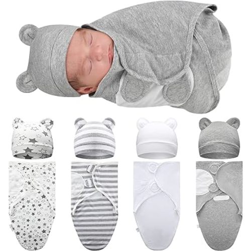 Buryeah 4 Pack Preemie Swaddle Blanket Wrap Set with Hat for Baby Boys Girls 3-7 Lbs Preemie Newborn Clothes Sleepers Cap