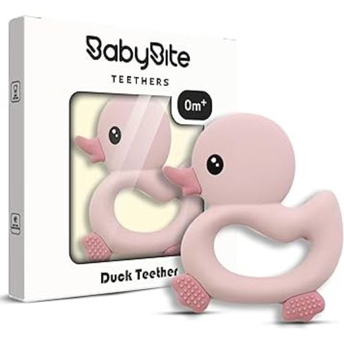 [BabyBite] Baby Teething Toys Cute Duck Teether for Sensory and Developmental Play for Baby and Toddler 100% BPA Free Food Grade Silicone (Pink)