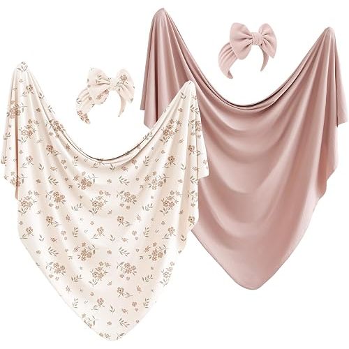 Konssy 2-Pack Stretchy Swaddle Blankets, Baby Receiving Blankets, 41"x41"