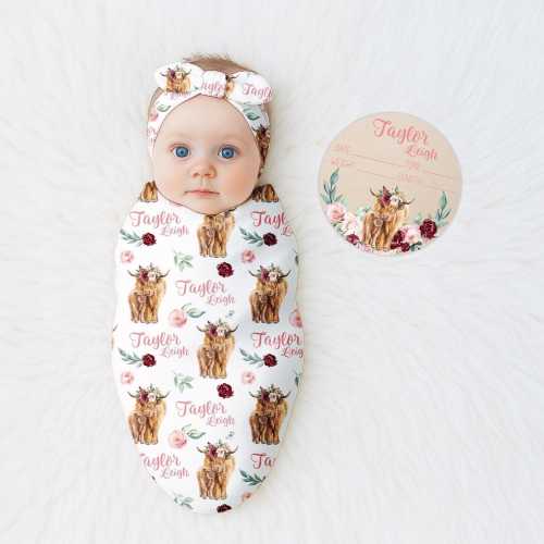 Girl Highland Cow Swaddle, Highland Cow Swaddle Bundle Options, Cow Birth Announcement, Highland Cow Nursery, Girl Baby Shower Gift C19