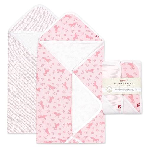 Zutano Hooded Baby Towels, Organic Cotton Baby Bath Towel, Ultra Soft and Absorbent Baby Towel for Newborn and Infant | Girl, Boy, and Unisex Towel Set, Unicorn Meadows, 2-Pack