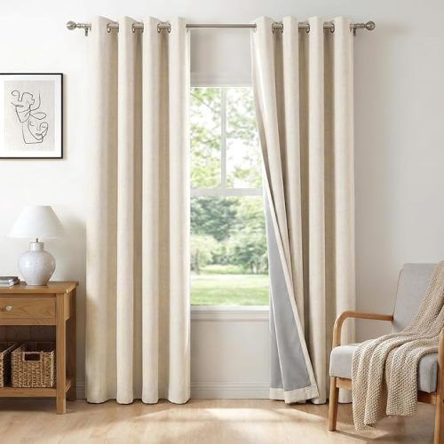 Linen Textured Total Blackout Curtains 84 Inches Long, Butter Cream | 100% Blackout Shield Grommet Blackout Curtains for Bedroom, Thermal Insulated Drapes for Living Room, 50"W x 84"L, 2 Panels