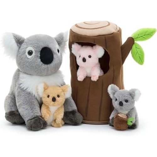 MaoGoLan 5pcs Koala Stuffed Animal, 11.8 Inch Large Mommy Stuffed Koala Plush with 3 Babies & Treehouse, Cute Realistic Stuffed Animals, Gift for Kids Boys Girls