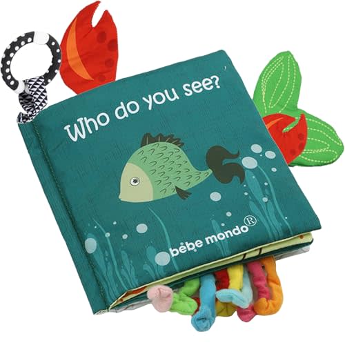 Fish Baby Book, Crinkle Books for Babies, Touch & Feel Soft Books, Infant Baby Toys 0-3 0-6 6-12 Months, Sensory Mirror Toy,Teether Ring, Baby Shower, Baby Basket Stuffers,Gifts for Boys Girls -Green