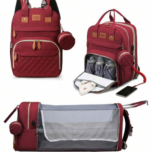 RsenFremior 3 in 1 Diaper Bag Backpack, Foldable Baby Bed Waterproof Travel Bag with USB Charge& Insulated Pockets, Large Unisex Diaper Bag Backpack for Baby