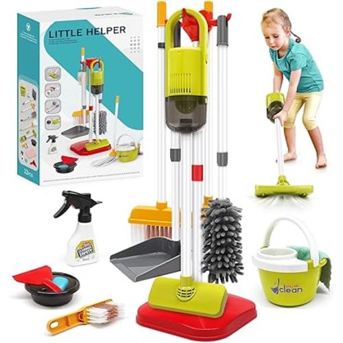 Dreamon Toddler Cleaning Set - 14Pcs Kids Cleaning Toy Set with 2-in-1 Kids Vacuum That Really Works, Pretend Home Cleaning Play Set for Toddler Age 3-7, Christmas Birthday Gift for Girls Boys（Red）