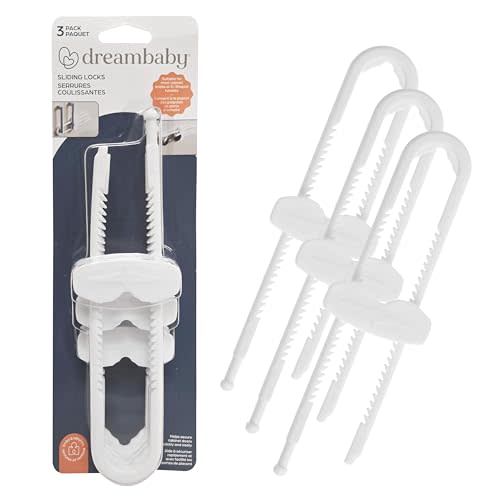 Dreambaby Sliding Cabinet Locks - Child Proof Cabinet Latches - For Kitchen, Bathroom Storage Doors Handles & Knobs - Suitable for Round & D-Shaped Handles - 3 Pack - White - Model L183