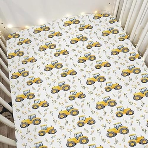 Vintage Yellow Tractors Baby Crib Sheets for Boy Girl 52x28Inch Farm Tractors Floral Soft Stretchy Fitted Crib Mattress Cover Cute Farm Life Baby Sheet for Standard Crib and Toddler Bed Mattress