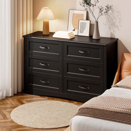 Asofer 6-Drawer Dresser Cabinet with Metal Handle, for Bedrooms, Living Room, Cloakroom, Black