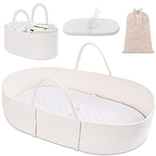 Changing Baskets Set,Moses Basket with Pad and Diaper Caddy,Set of 2 Baskets,Portable Cotton Rope Woven Basket,Replaceable Pad,Gifts for Newborn 28.7" x 15.7" x 7.8"（White）