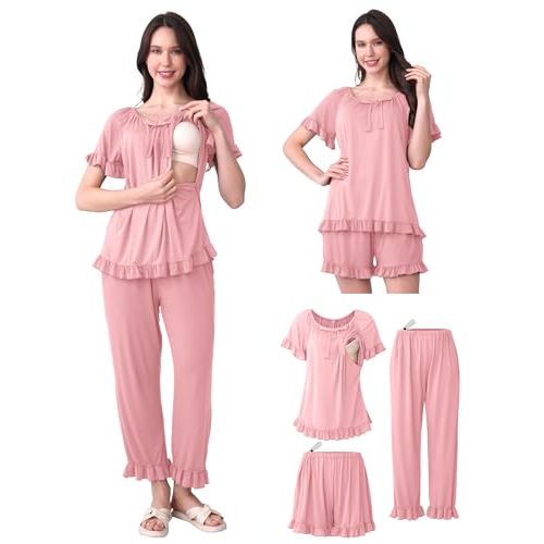SUNNYBUY 3Pcs Ruffle Trim Postpartum Nursing Pajamas Set with Bowknot, Maternity Breastfeeding PJS Pregnancy Sleepwear