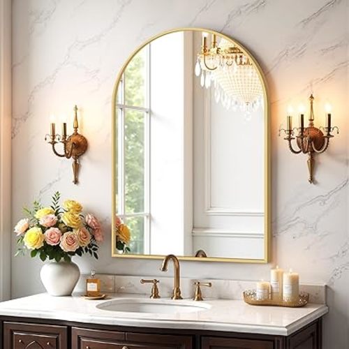 Bathroom Mirror for Wall, 30x20 Inch Arched Mirror, Matte Gold Metal Framed Bathroom Vanity Mirror for Restroom Farmhouse, Anti-Rust, Tempered Glass, Hanging or Leaning