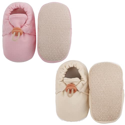 2 Pack Newborn Shoes Soft Sole Baby Sock Booties Drawstring Infant Boys Girls First Walking Slippers, 0-6 Months