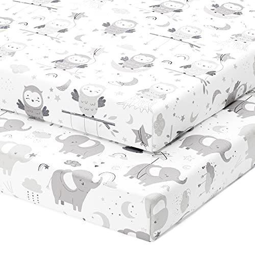 Joey + Joan Mini Portable Crib Sheets Fitted for 24 x 38 Inch Mattress – Compatible with Dream on Me, Delta Porta Crib and Arms Reach Ideal Cosleeper – Buttery Soft 100% Cotton – 2 Pack