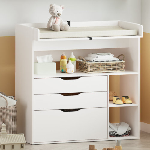 Ebern Designs Saunti Baby Changing Table Dresser，a Wood Diaper Changing Station with 3 Drawers and 3 Storage Shelves & Reviews | Wayfair