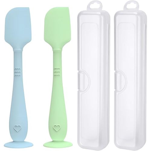 2 Pack Diaper Cream Spatula with Hygienic Travel Case, Butt Spatula Baby with Suction Base, Baby Butt Paste Spatula, Soft Silicone Diaper Rash Cream Applicator Large Size (Blue & Green)