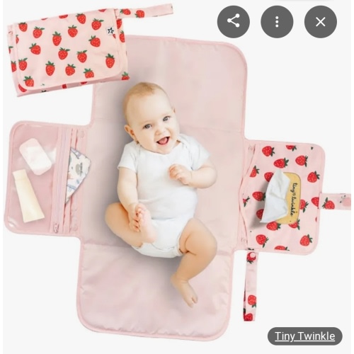 Tiny Twinkle Portable/Foldable Waterproof Diaper Changing Pad with Smart Wipes Pocket - Strawberry