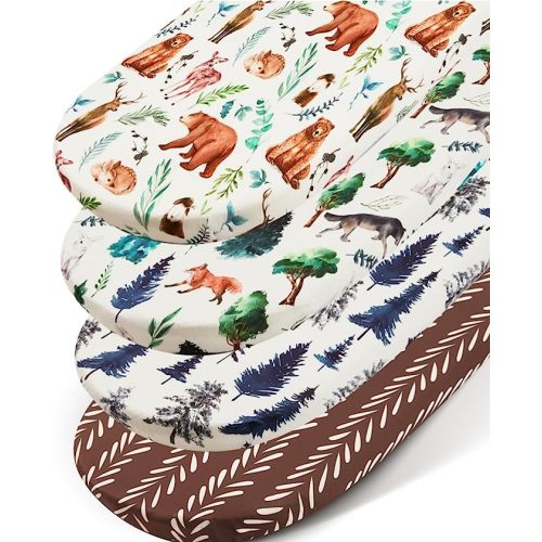 REZIPO 4 Pack Bassinet Sheets Woodland Forest Animals Wood Tree Neutral Unisex Fitted Baby Bassinet Sheets Set for Baby Boys or Girls