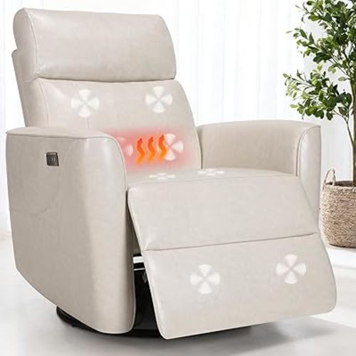 Himimi Massage Recliner Chair, Oversized Swivel Rocker Chair with Vibration Massage and Heat, Glider Recliner for Adults, USB Charging, Side Pocket, Nursery, Living Room, Bedroom (Ivory)