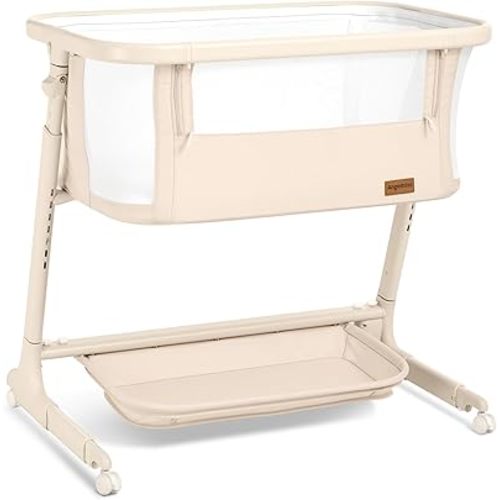 ANGELBLISS Electric Baby Bassinet Bedside Sleeper with Auto Rocking, Remote/Touch Control, 3 Timer Modes, 12 Sounds, 6 Heights, Storage & Wheels (Beige)