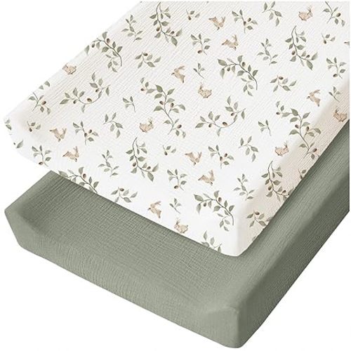 Konssy 2 Pack Muslin Changing Pad Cover for Baby Girls Boys 100% Cotton Fitted Diaper Changing Table Cover Set, Soft Changing Pad Sheets (Rabbit,Fog Green)