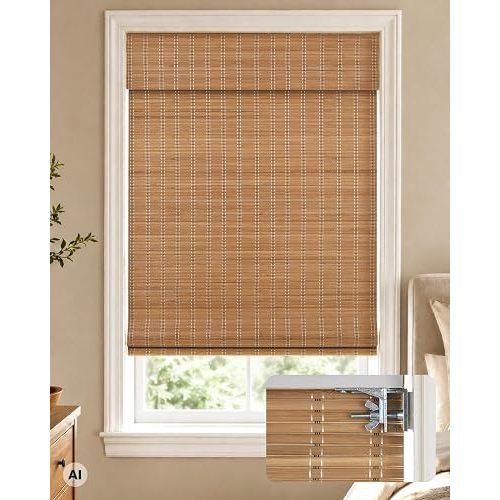 LazBlinds 100% Blackout No Drill Bamboo Roman Shades, Cordless Bamboo Blinds for Indoor Windows, Room Darkening Shades for Home & Patio, Thermal Insulated, Brown206, 24" W x 48" H
