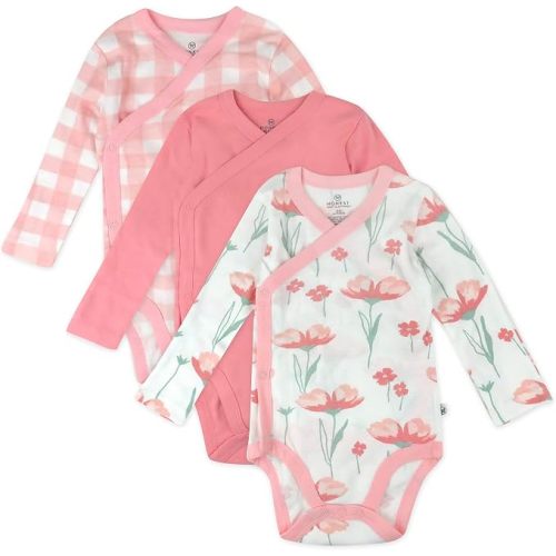 HonestBaby Baby 3-pack Long Sleeve Side-snap Kimono Bodysuits Organic Cotton for Infant Baby Boys, Girls, Unisex